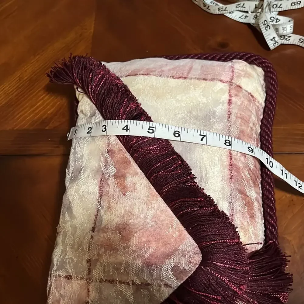 Beige & Burgundy Brocade Envelope Throw Pillow with Fringe Handmade